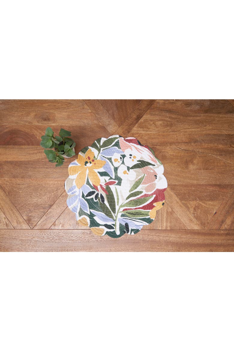 Joelle Palm Leaves & Flowers 100% Cotton Round Set of 6 Placemats 17", Alternate, color, Green