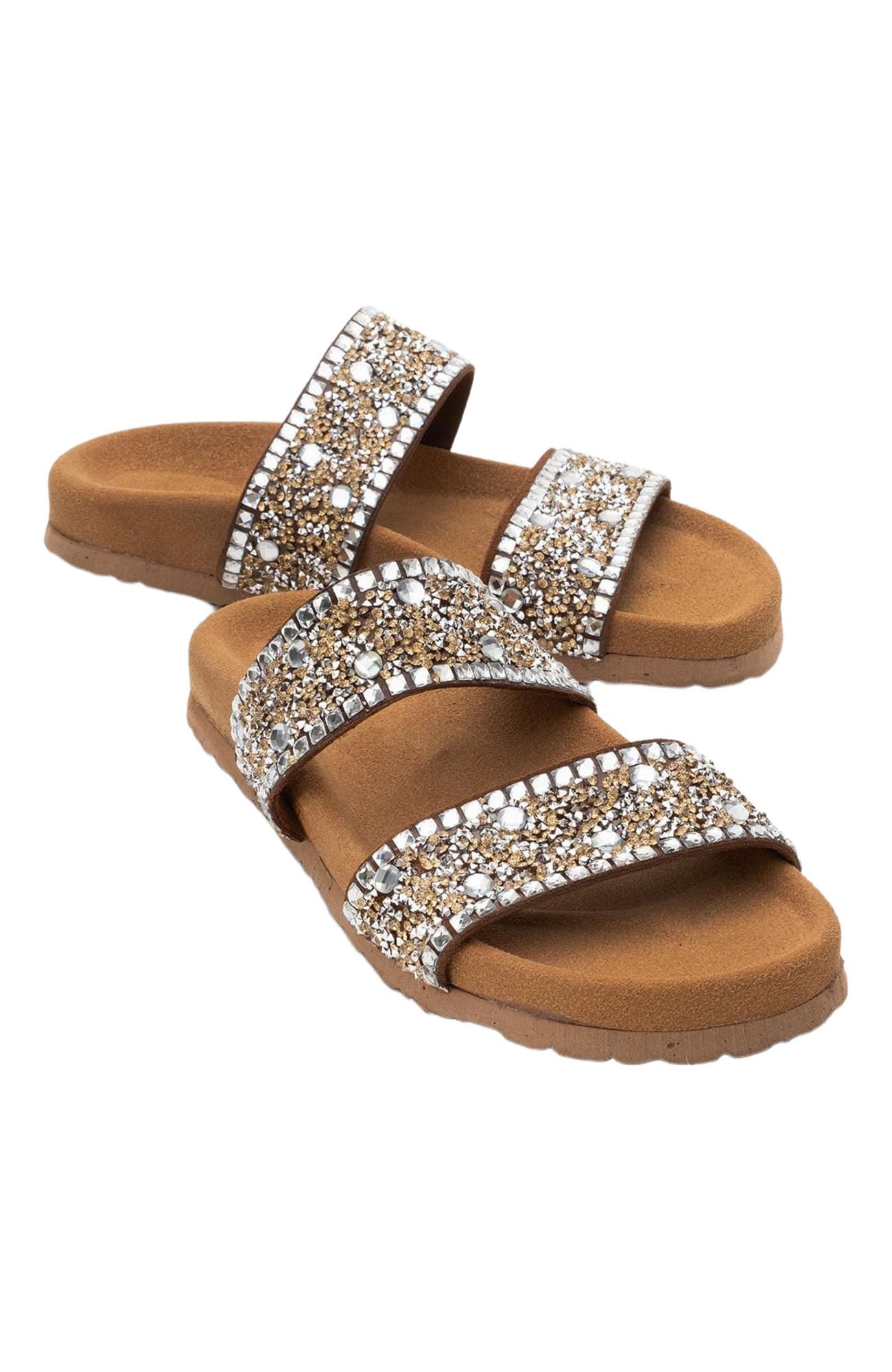 Forever & Always Shoes Jamie Leather Double Strap Slide Sandal with Stones, Alternate, color, Cognac Leather