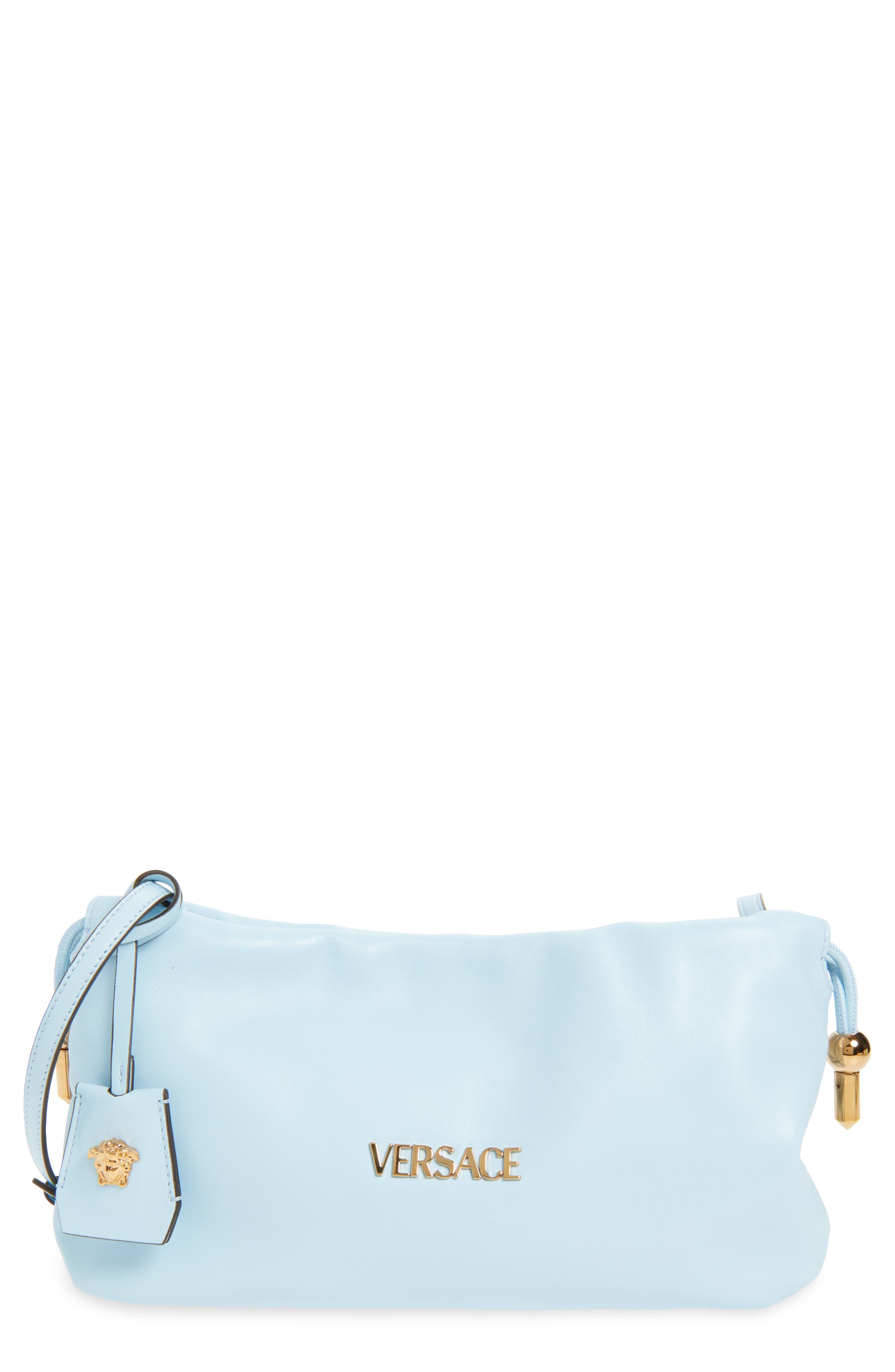 Versace Mini Logo Leather Handbag, Main, color, Pastel Blue Gold