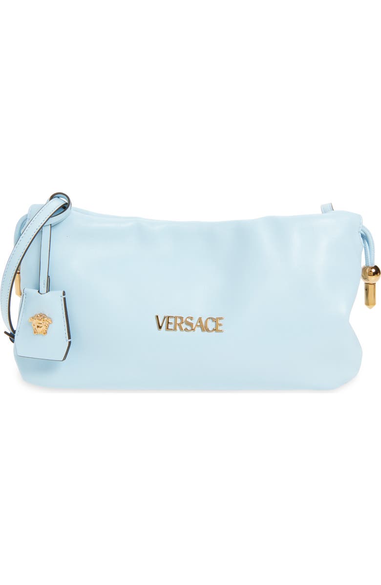 Versace Mini Logo Leather Handbag, Main, color, Pastel Blue Gold