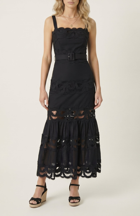 Belted Lace Inset Midi Dress with Square Neck and Tiered Skirt