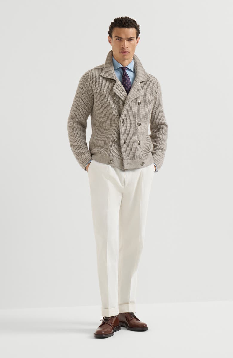 Brunello Cucinelli Cashmere half english rib mariner cardigan, Alternate, color, Light Brown