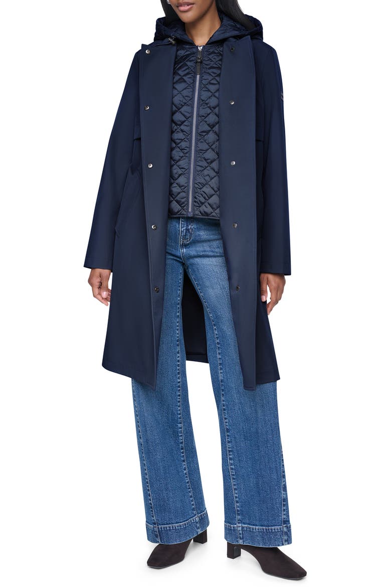 Softshell Quilted Bib Hooded Water Resistant Trench Coat, Alternate, color, DARK NAVY