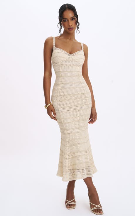 Xiomara Stripe Crochet Knit Mermaid Midi Dress