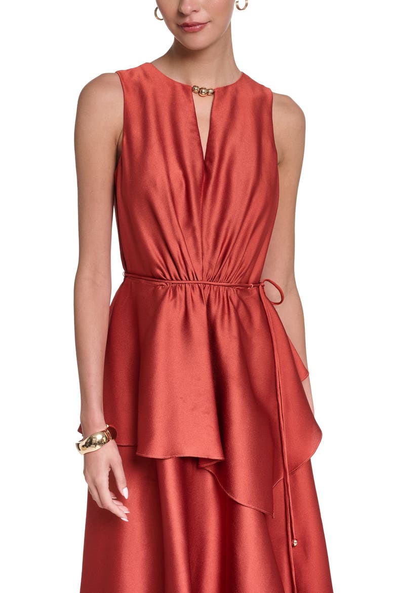 Sleeveless Satin Midi Dress With Layered Skirt, Alternate, color, Cognac
