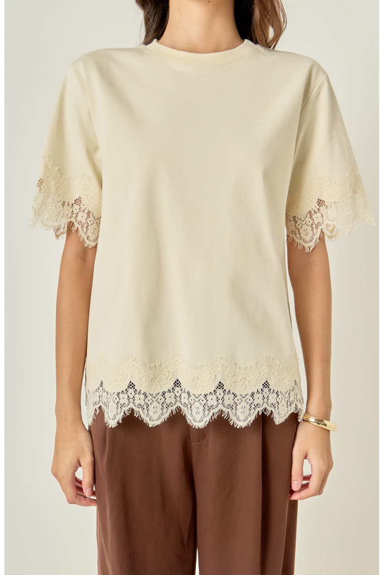 Lace Trim Cotton T-Shirt, Alternate, color, CREAM