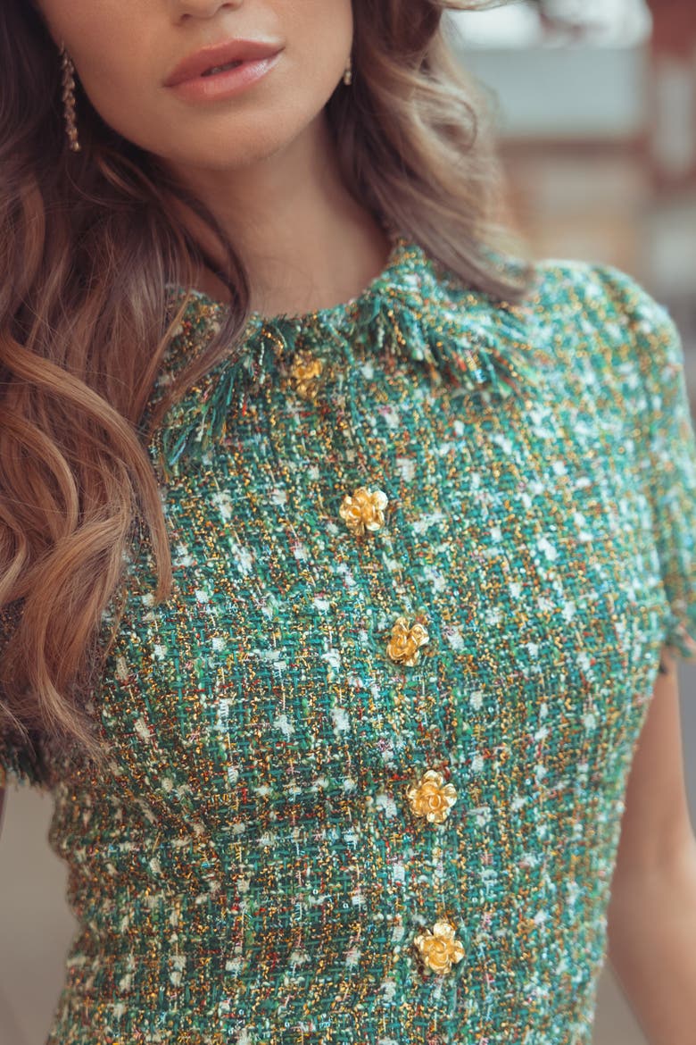 Boucle Short Sleeve Button Up Midi Dress, Alternate, color, Emerald Multi