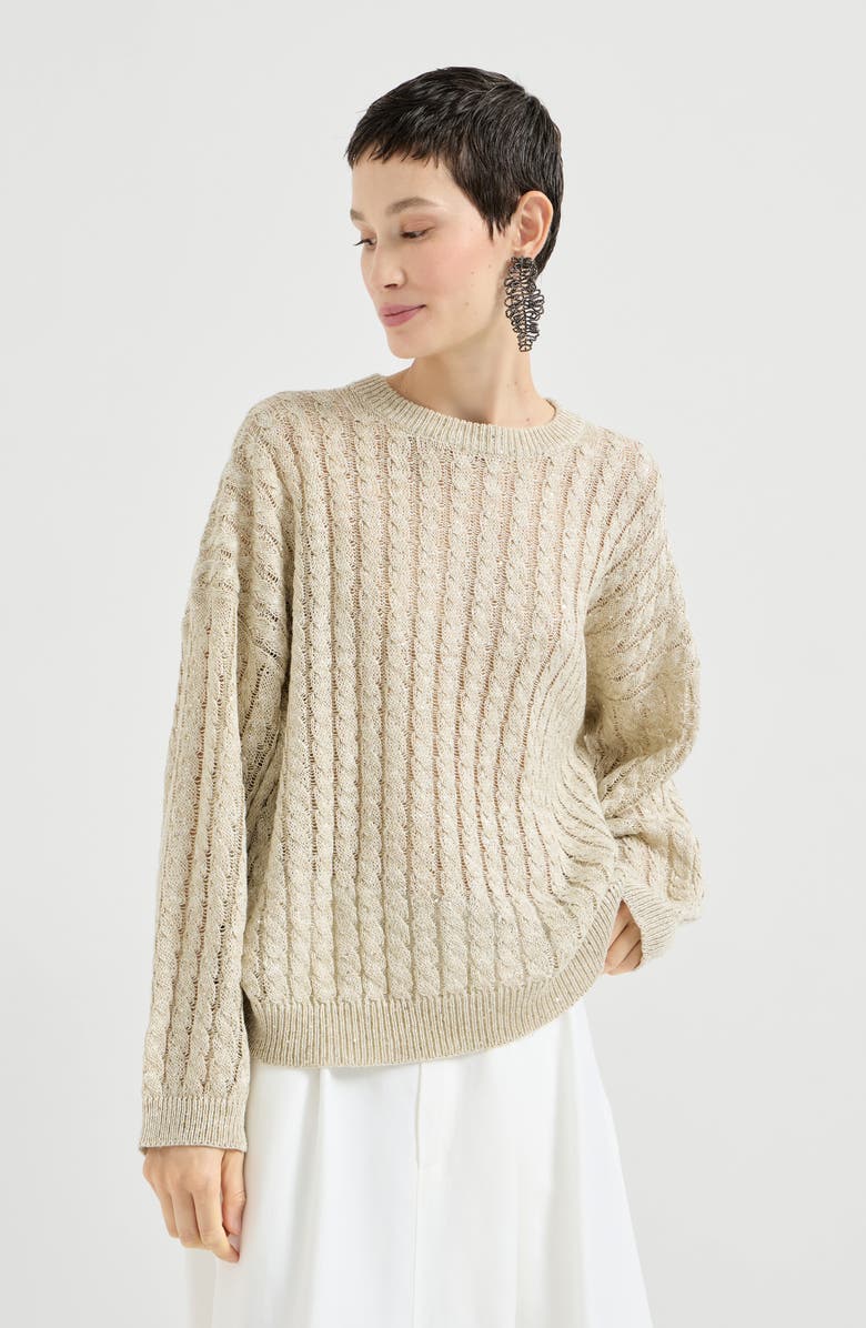 Brunello Cucinelli Dazzling Cable sweater, Main, color, Beige