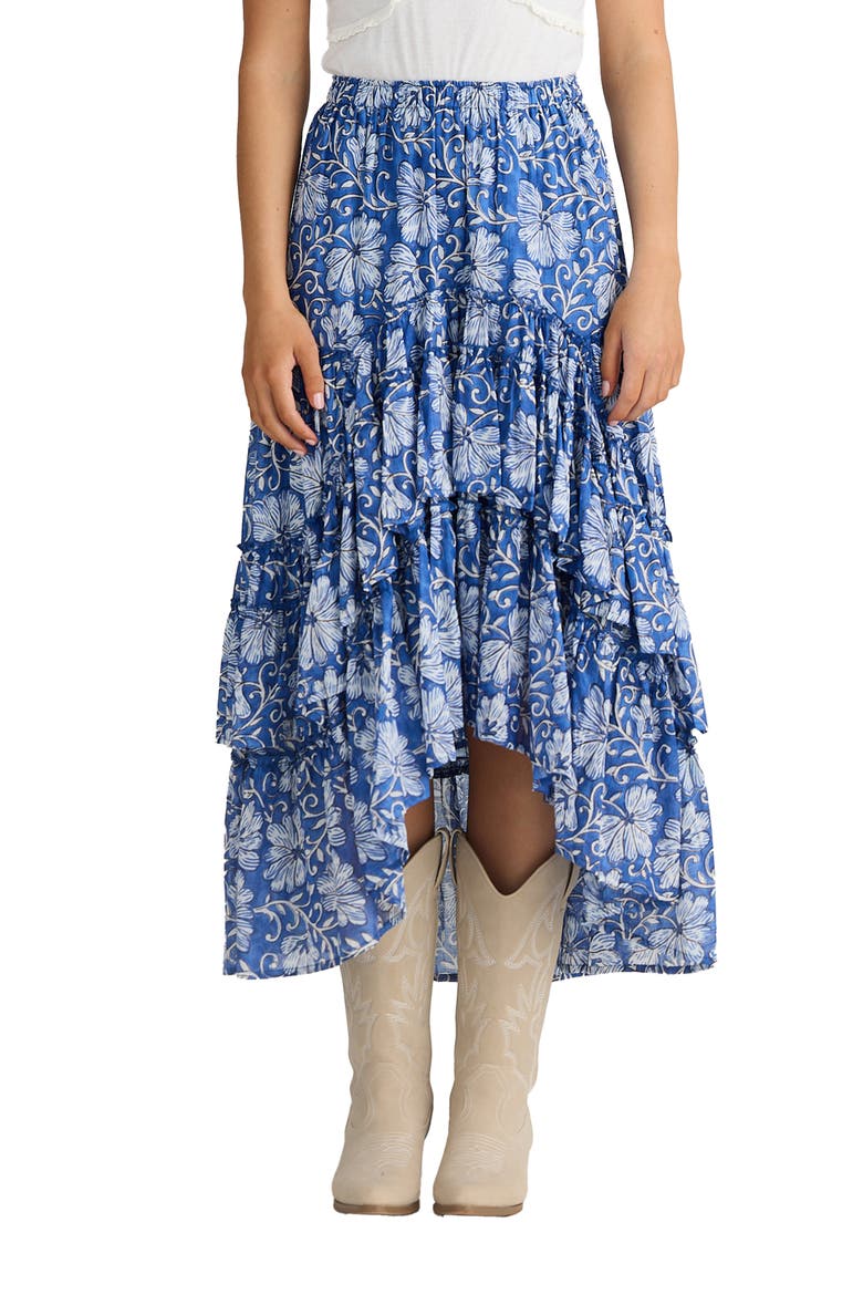 Sassy Floral High Low Tiered Midi Skirt, Main, color, BLUE BLOSSOM