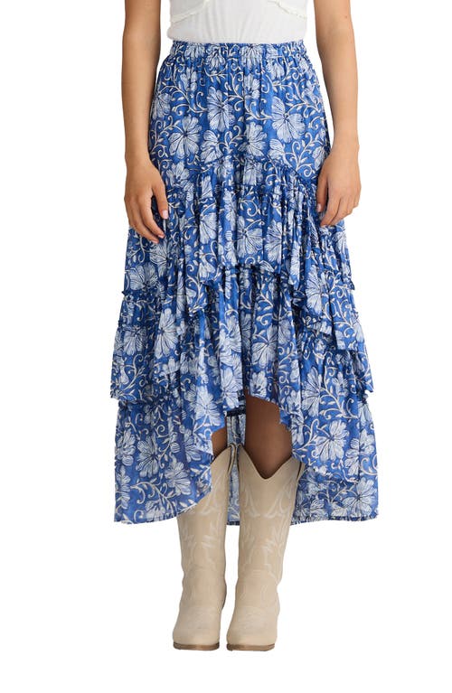 Talisman The Label Sassy Floral High Low Tiered Midi Skirt In Blue