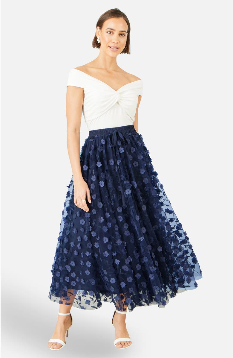 Yumi Mesh Floral Applique Midi Skirt, Alternate, color, Navy