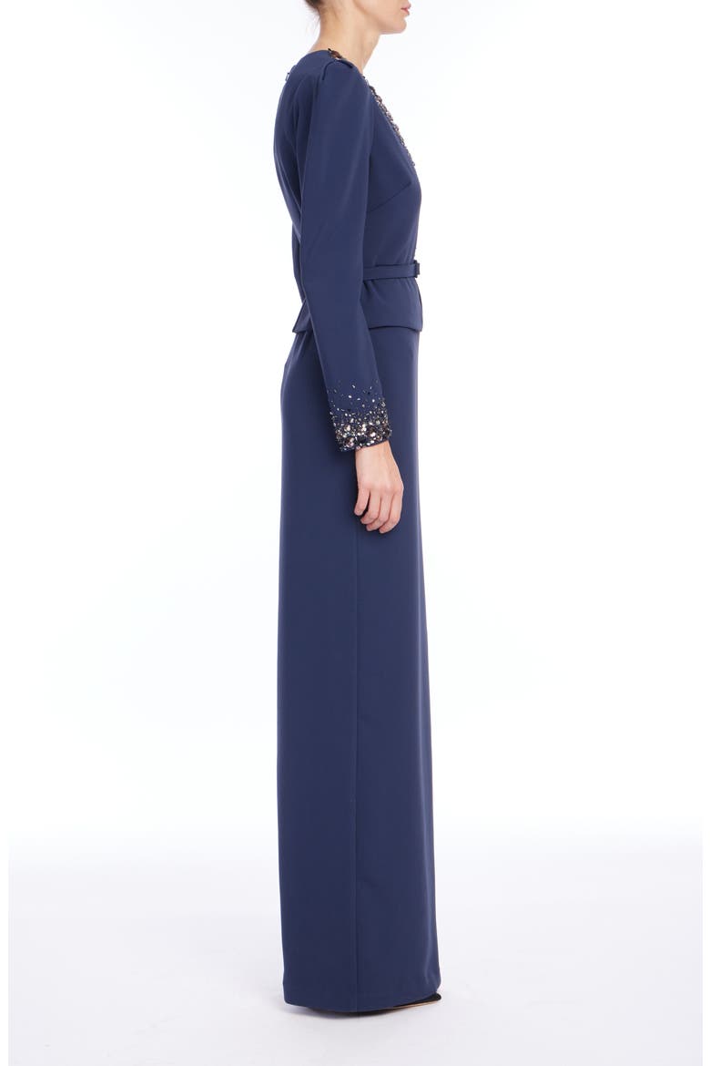 Beaded V-Neck Long Sleeve Gown, Alternate, color, NAVY
