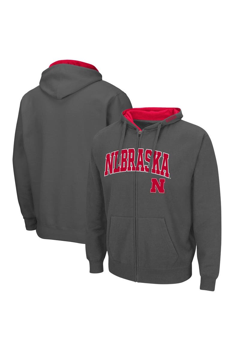 Men's Colosseum Charcoal Nebraska Huskers Arch & Logo 3.0 Full-Zip Hoodie, Main, color, Charcoal