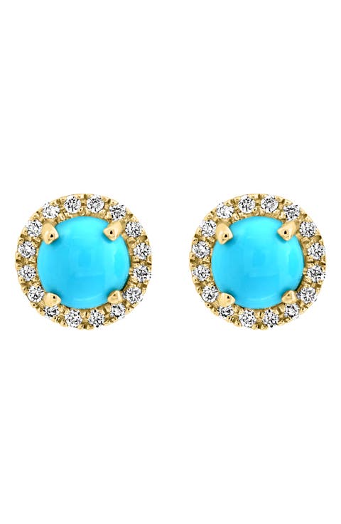 14K Yellow Gold Turquoise & Diamond Halo Stud Earrings - 0.12ct.