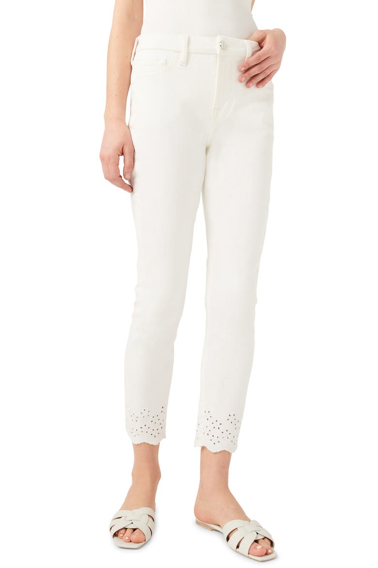 JEN7 High Waist Eyelet Hem Ankle Skinny Jeans, Main, color, WHITE