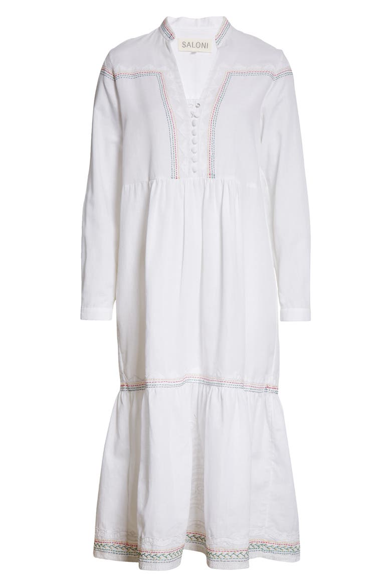 Alexia Long Sleeve Cotton Tiered Dress, Alternate, color, 01/ 5413-WHITE/ TRIANGLE EMB