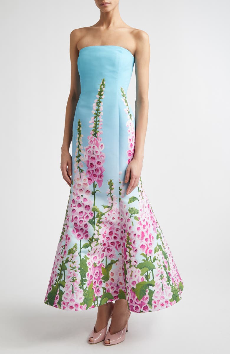 Oscar de la Renta Foxglove Print Strapless Trumpet Gown, Alternate, color, Lilac/ Sky