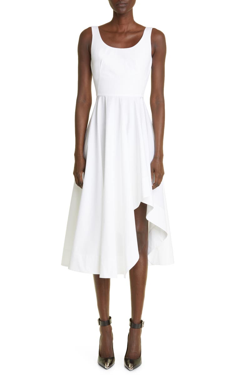 McQueen Asymmetric Cotton Poplin Midi Dress, Main, color, 