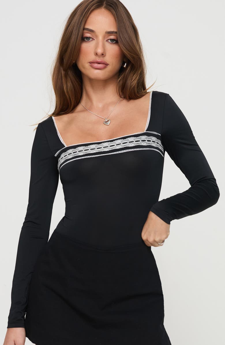 Princess Polly Keating Contrast Lace Trim Bodysuit, Alternate, color, Black