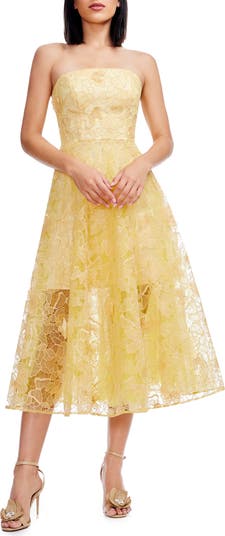 パーティードレス Strapless Yellow Cocktail Dress Strapless Ruched A Line Dress Yellow - Luxe Skater Dresses