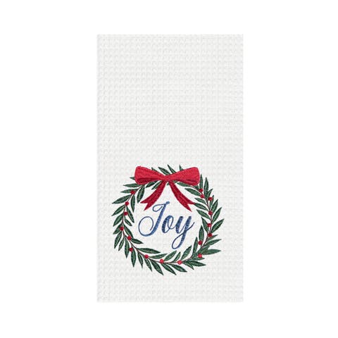 27' x 18" Christmas Holiday "Joy" Sentiment with Red Berry Wreath Cotton Waffle Weave Kitchen Dish Towel