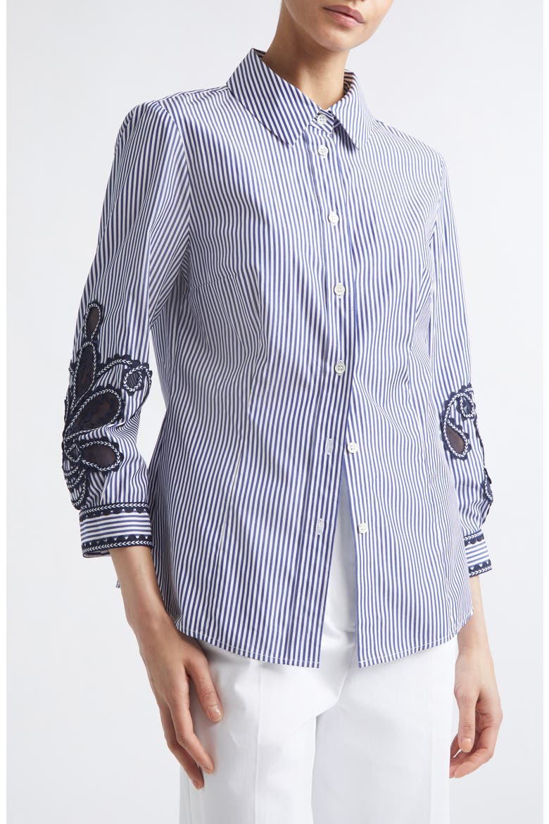 Ana Embroidered Stripe Cotton Button-Up Shirt, Alternate, color, WHITE/ BLUE