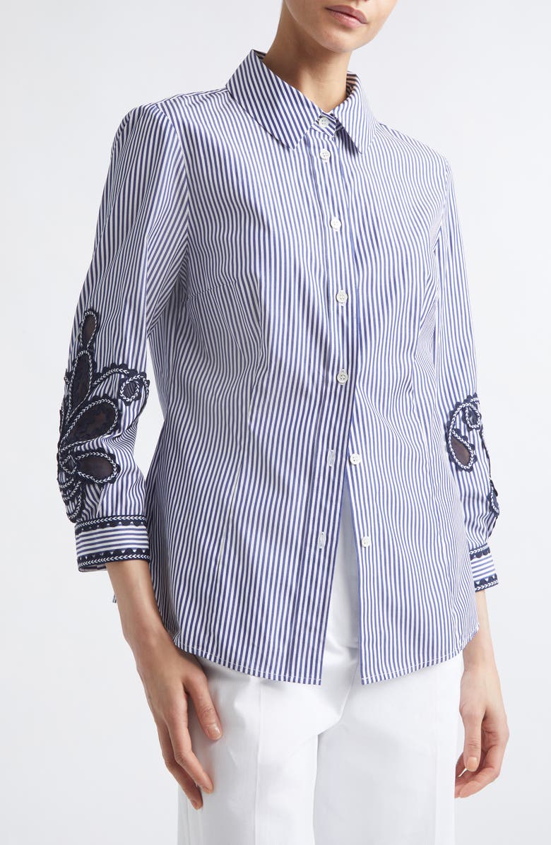 Carolina Herrera Ana Embroidered Stripe Cotton Button-Up Shirt, Alternate, color, White/ Blue