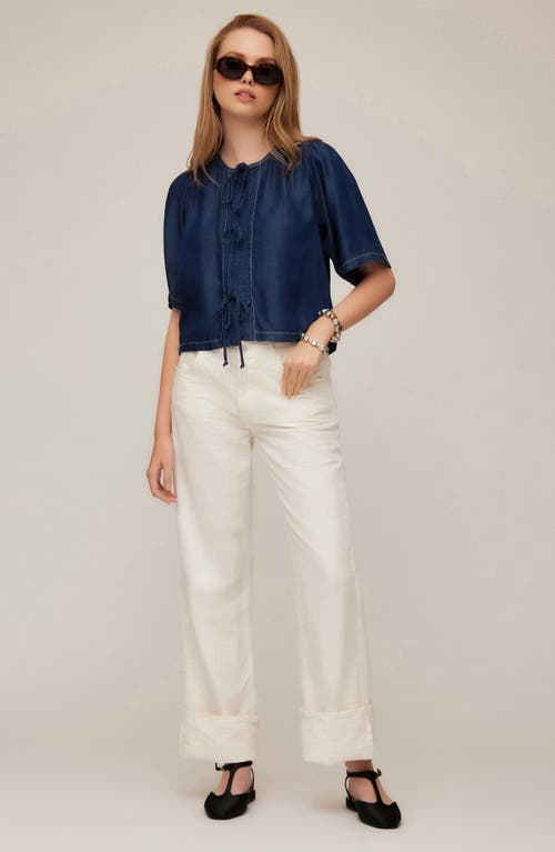 Fifteen Twenty Nadine Tie Front Cropped Top In Indigo Lightweight Denim In Indigo