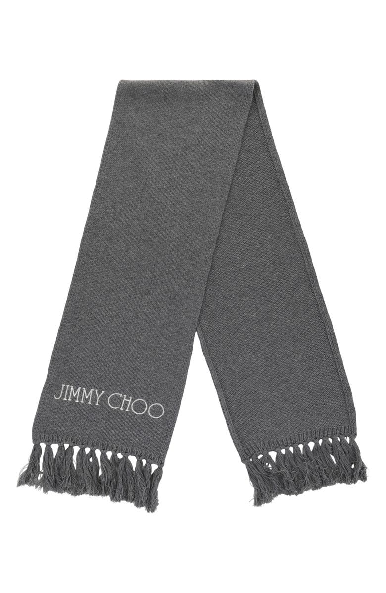 Jimmy Choo Embroidered Logo Wool Scarf, Main, color, Grey