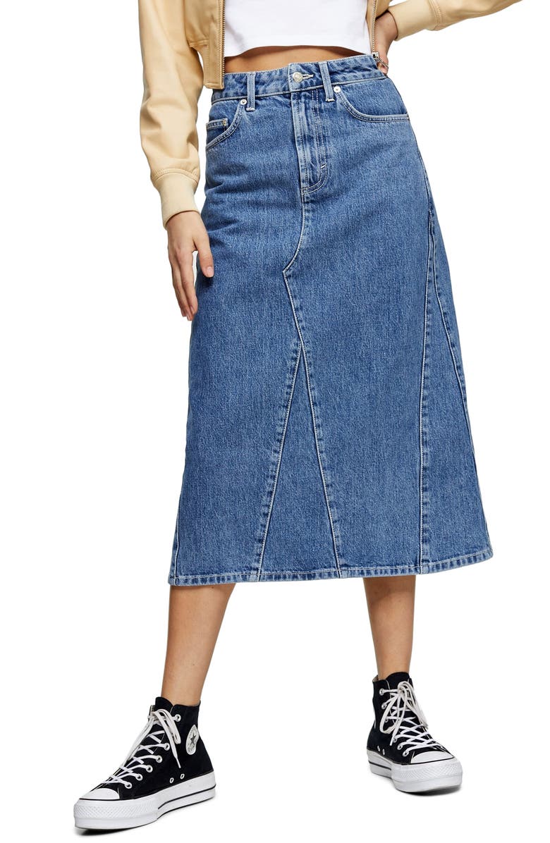 Topshop A-Line Denim Skirt, Main, color, 