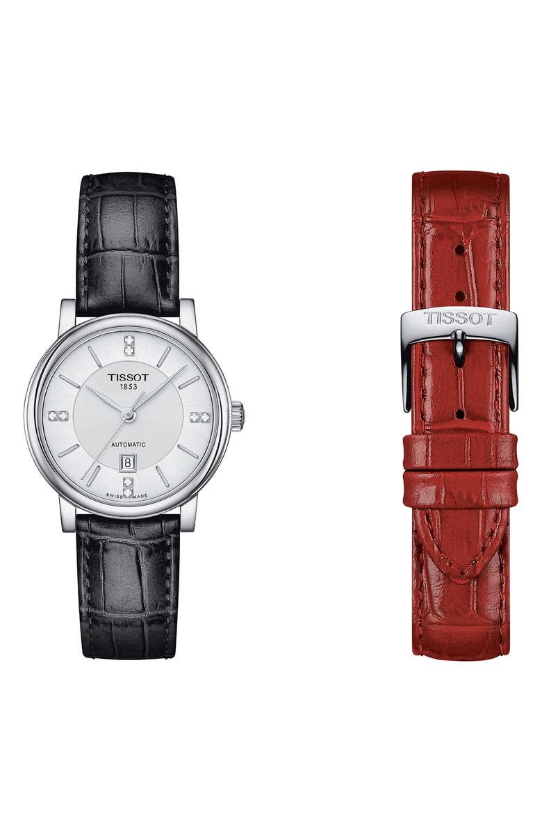 Tissot Carson Premium Diamond Leather Strap Watch, 30mm, Alternate, color, Black