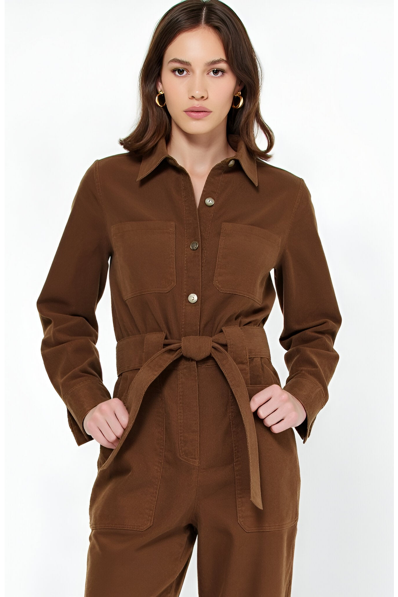 Ribbed Long-Sleeve Jumpsuit with Patch Pockets, Alternate, color, Brown