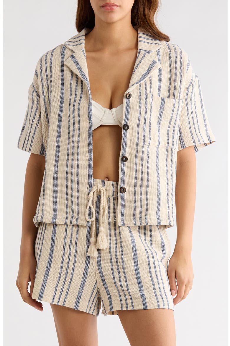 Knit Short Sleeve Button-Up Cover-Up Shirt, Main, color, BLUE STRIPE