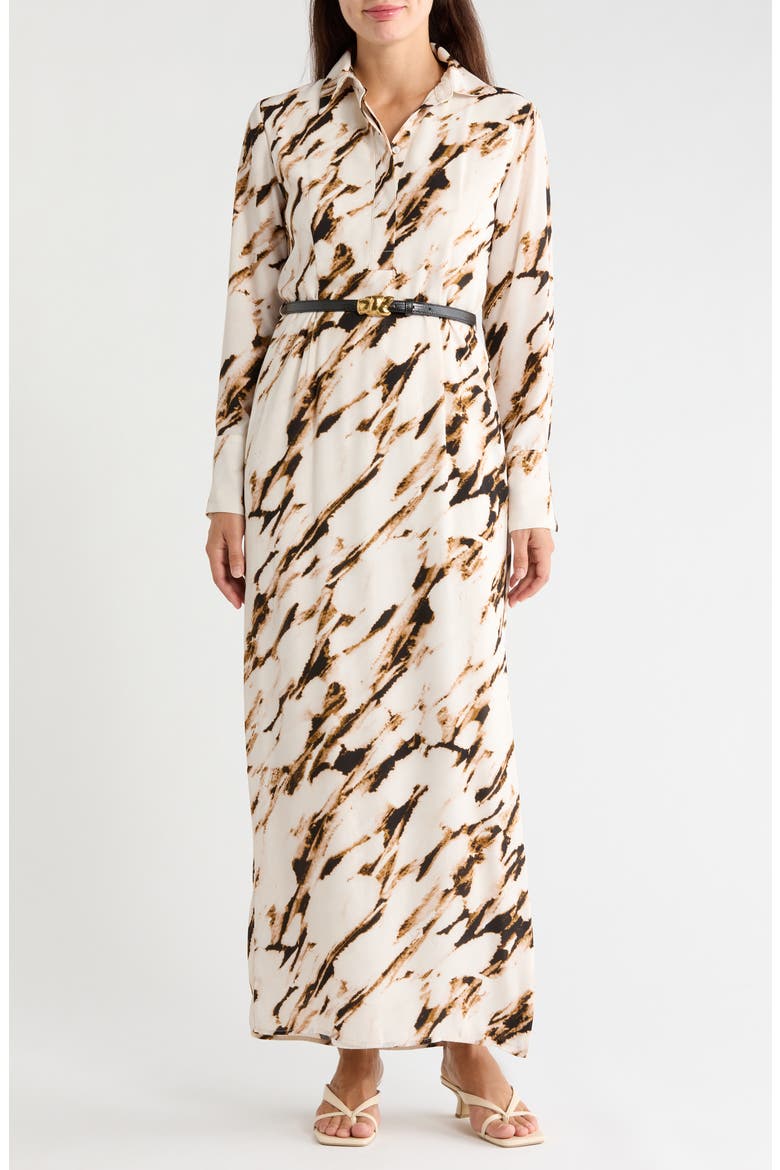 Long Sleeve Belted Shirtdress, Main, color, BLACK/ FAWN MULTI