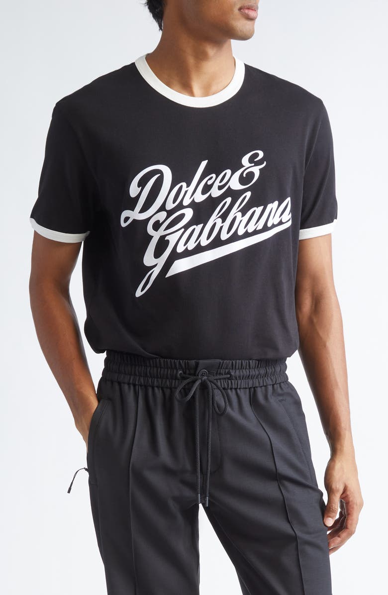 Dolce&Gabbana Flocked Logo Appliqué Ringer T-Shirt, Main, color, N0000 Nero