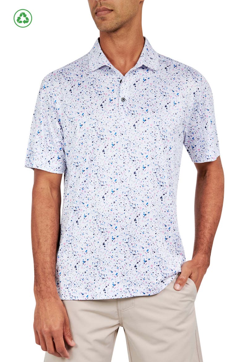 Regular Fit Paint Splatter Print Recycled Performance Golf Polo, Main, color, WHITE
