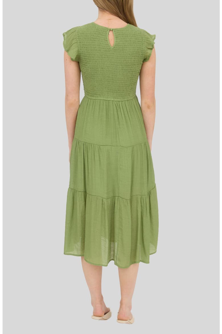 Flutter Sleeve Smocked Tiered Midi Dress, Alternate, color, OLIVE GREEN
