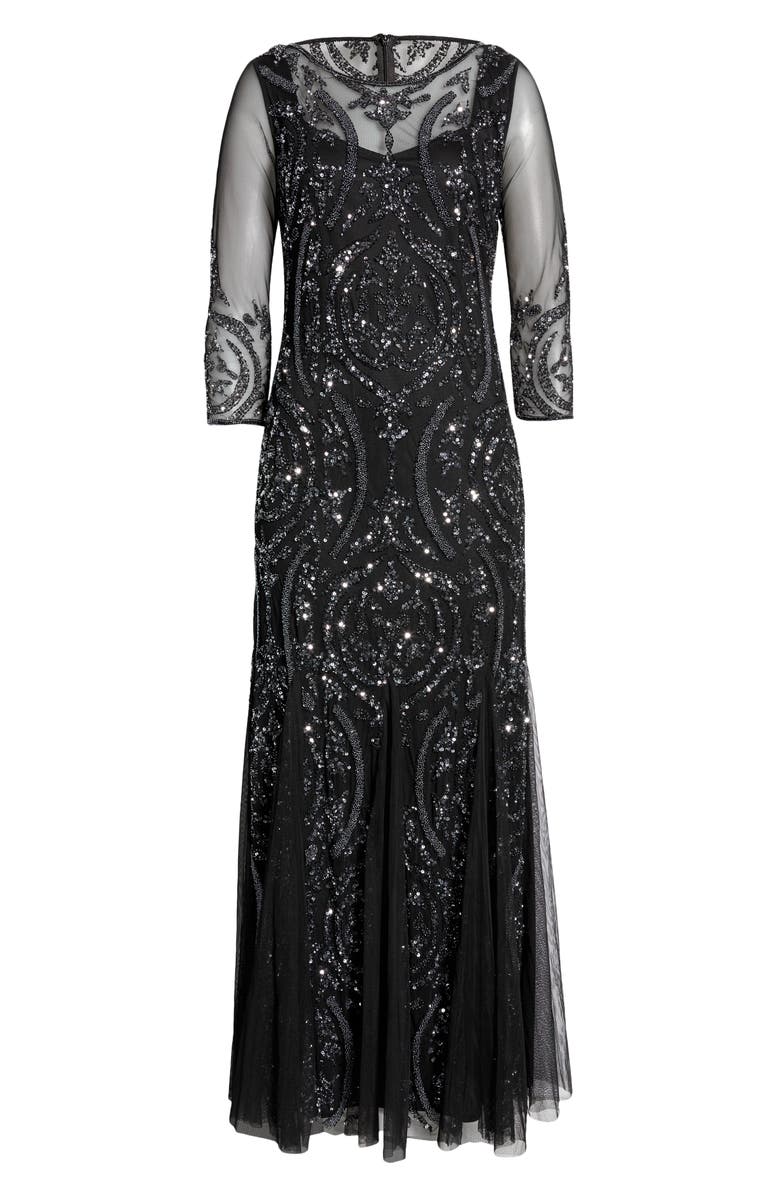 Pisarro Nights Sequin Beaded Illusion Mesh Three-Quarter Sleeve Gown, Alternate, color, 