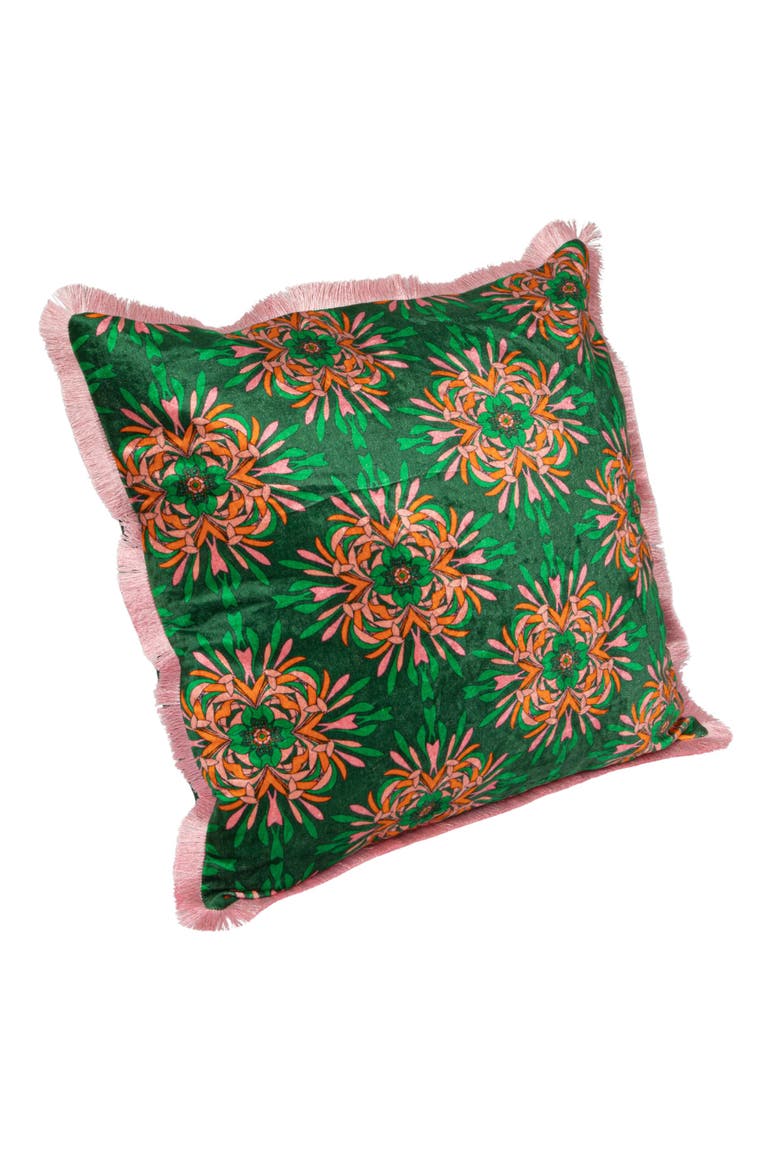 Cotton Blend Velvet Printed Pillow with Floral Pattern and Eyelash Fringe, Green, Pink and Orange Color, Alternate, color, Green
