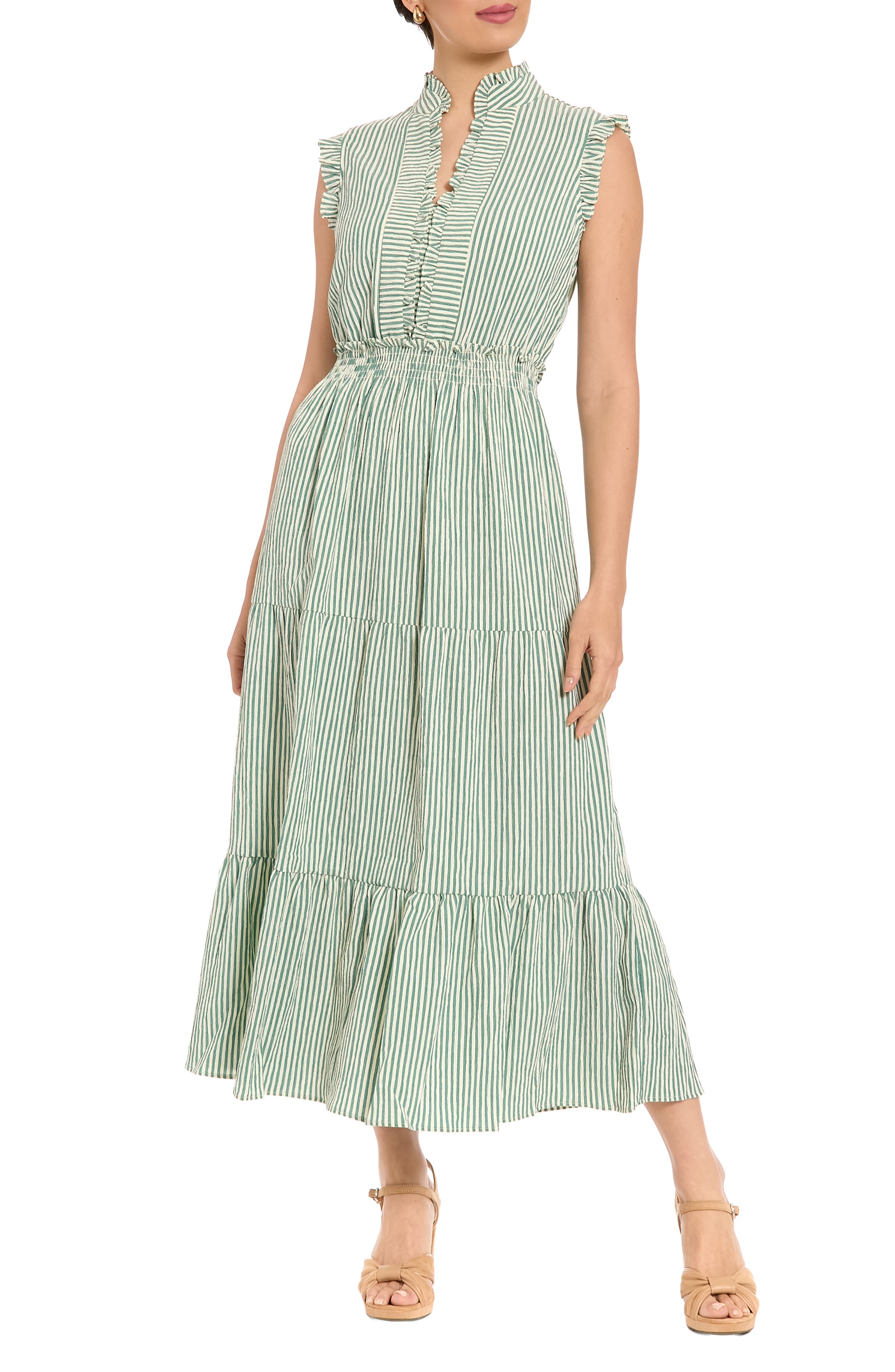 London Times Stripe Ruffle Sleeveless Tiered Maxi Dress