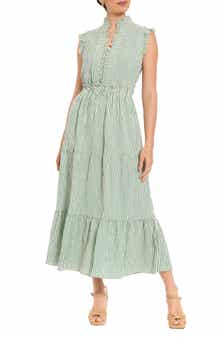 London Times Stripe Ruffle Sleeveless Tiered Maxi Dress