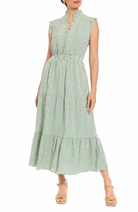 London Times Stripe Ruffle Sleeveless Tiered Maxi Dress