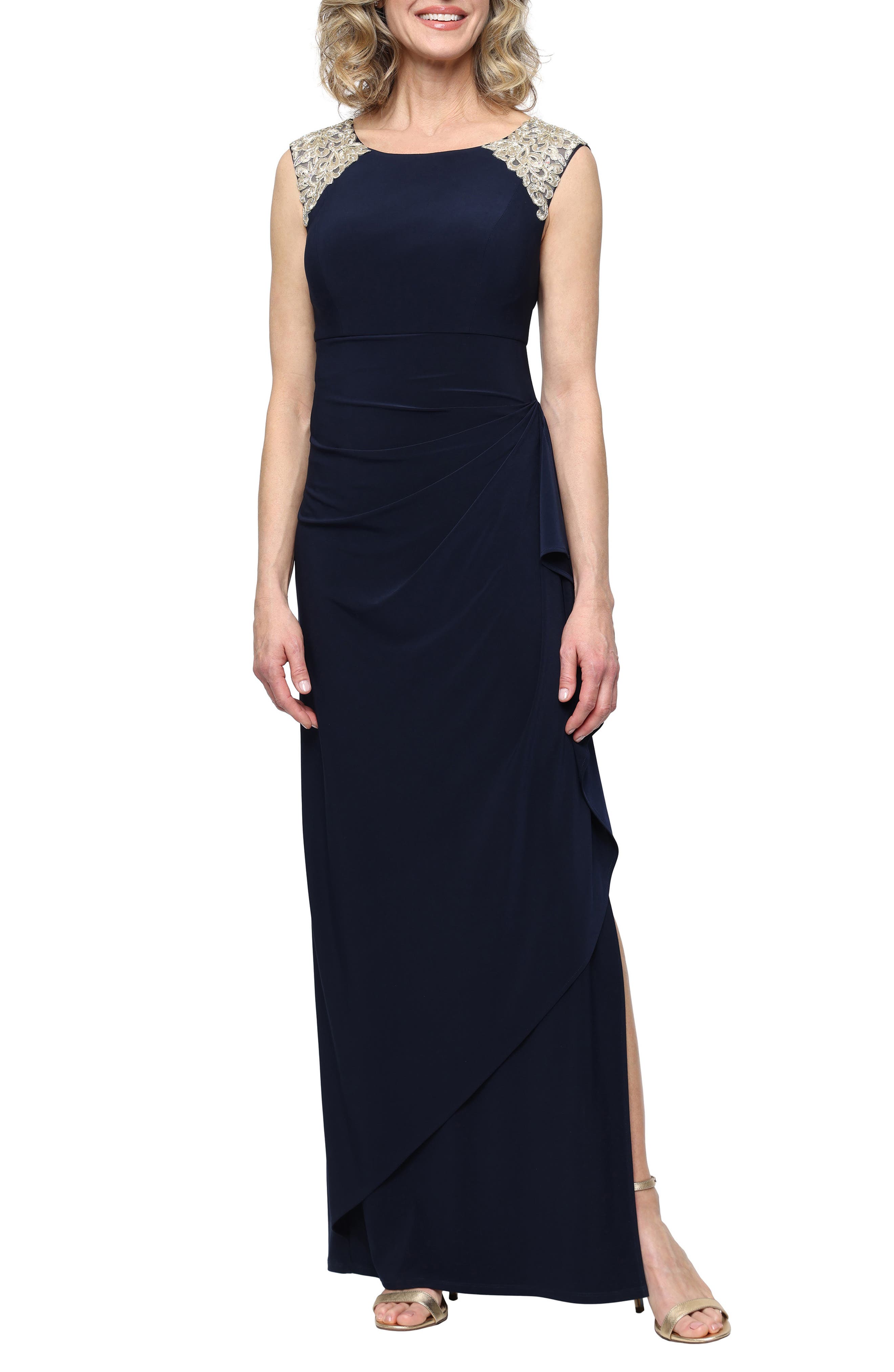 Alex Evenings Gathered Lace Gown In Blue