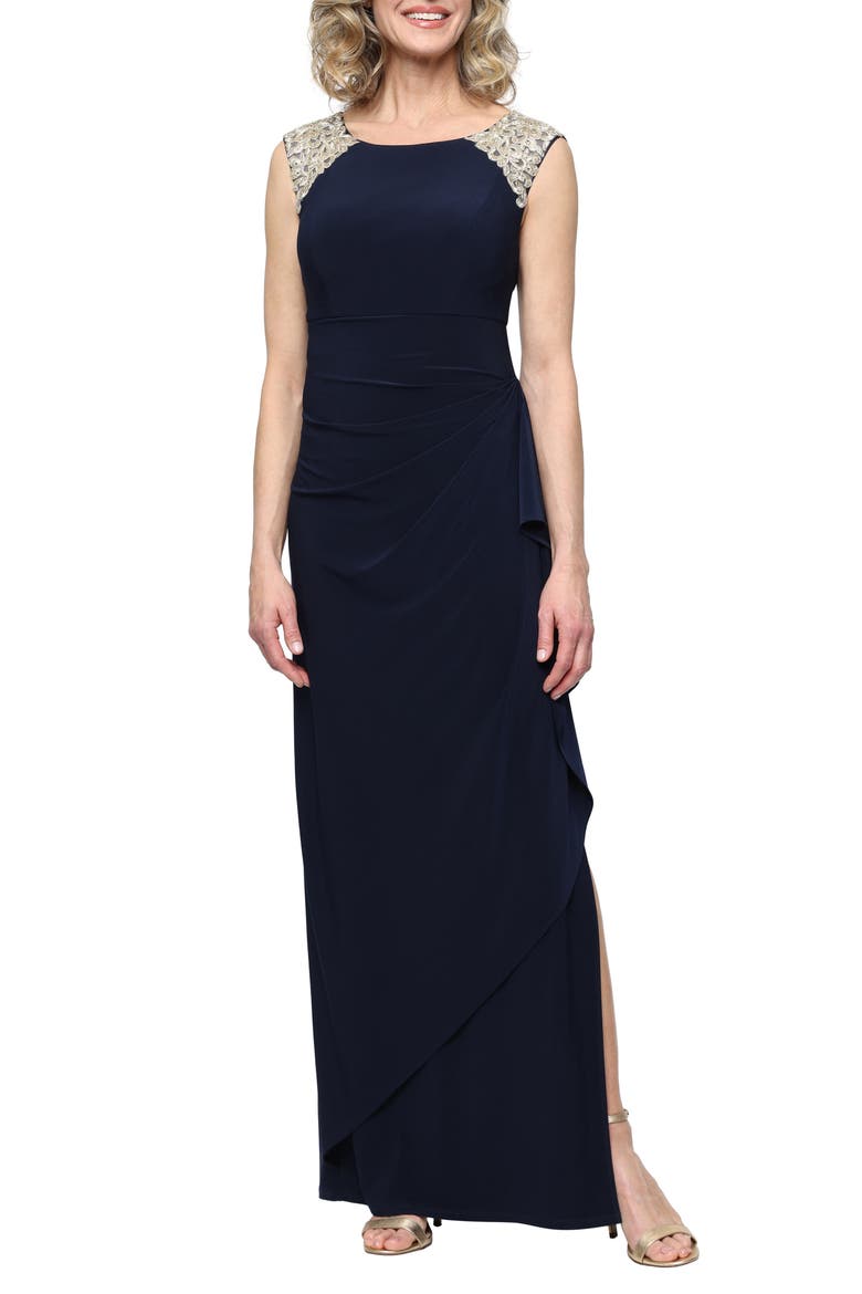 Gathered Lace Gown, Main, color, NAVY GOLD