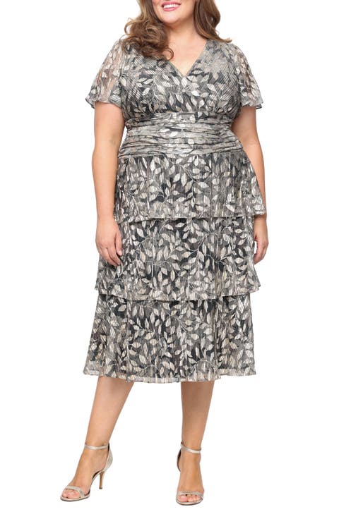 Metallic Tiered Surplice Neck Midi Dress (Plus)
