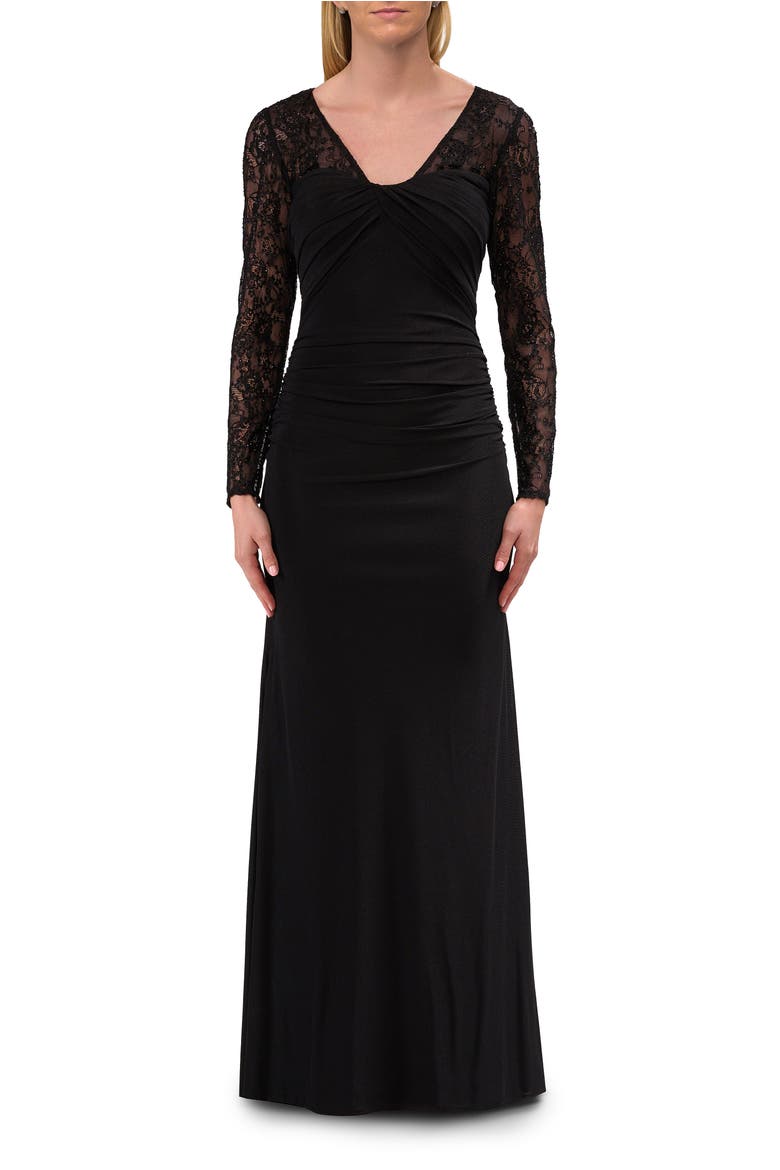 Long Sleeve Evening Dress with Ruching and Lace Details, Main, color, Black