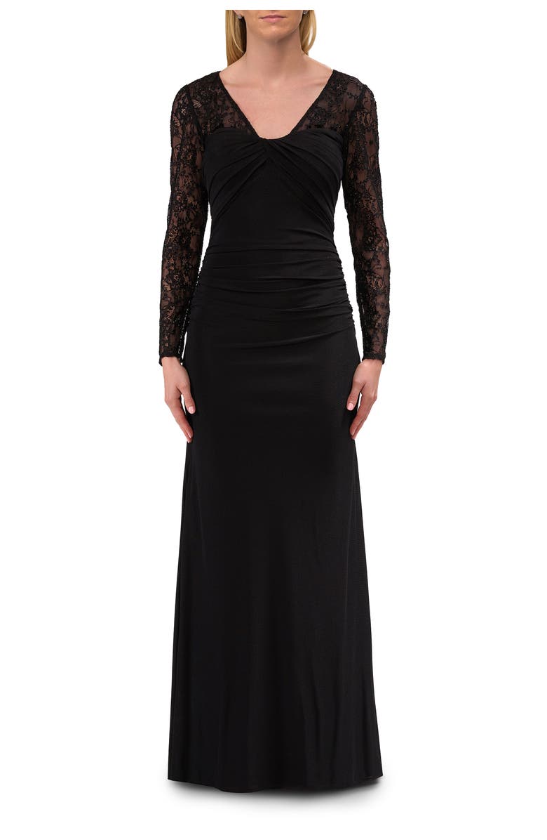 La Femme Long Sleeve Evening Dress with Ruching and Lace Details, Main, color, Black