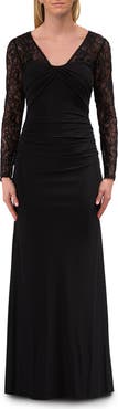 La Femme Long Sleeve Evening Dress with Ruching and Lace Details
