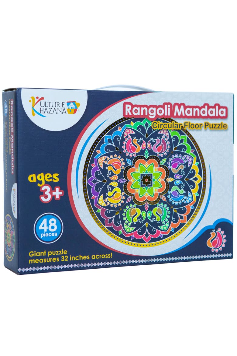 Rangoli Mandala 32" Round Floor Puzzle 48 Pieces, Indian Art For Holi, Main, color, Multicolored