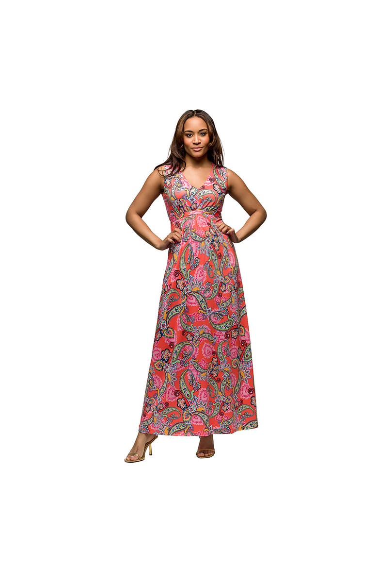 Maternity Pink Paisley Print V-Neck Empire Waist Sleeveless Maxi Dress, Main, color, Pink Multi
